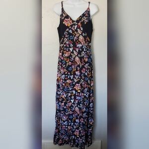 Xhilaration Medium Colorful Floral Maxi Dress Navy Blue V-neck Spaghetti Strap